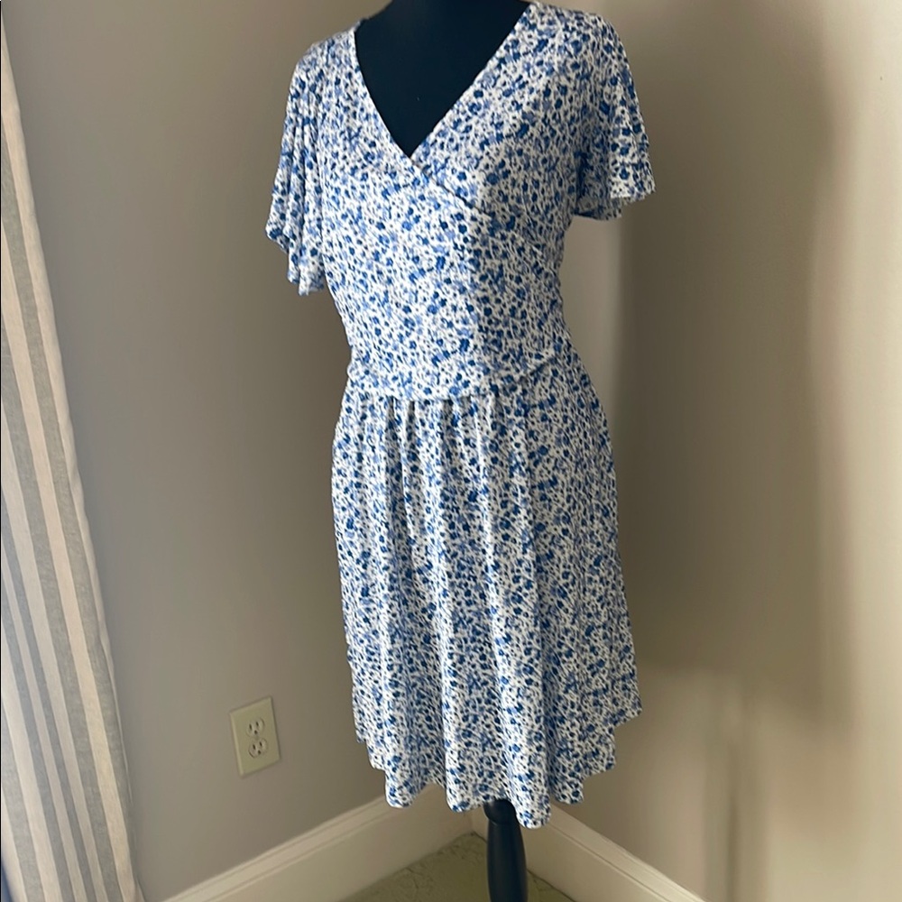 Blue and White Pleated Midi Sundress with Flutter Sleeves